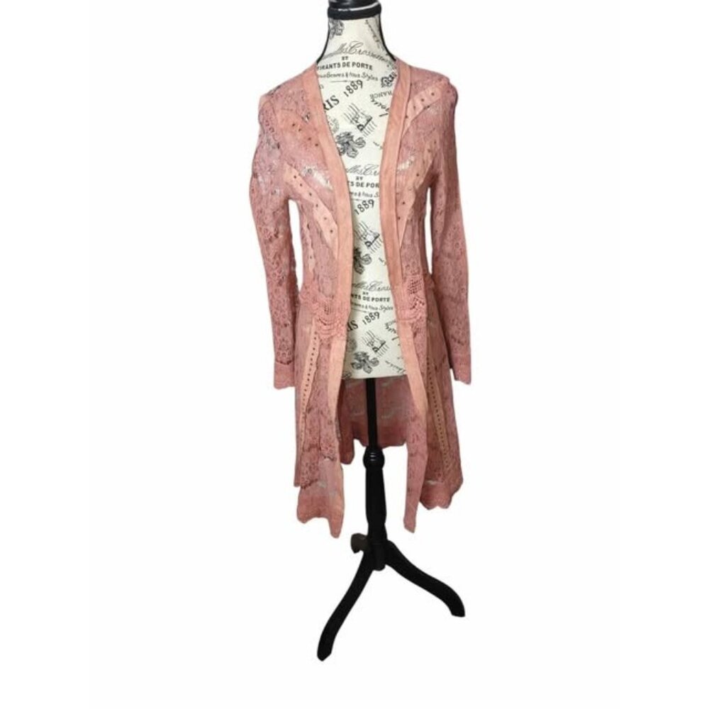 Vocal USA Womens Dusty Rose Pink Floral‎ Lace Longline Duster Cardigan Studded S